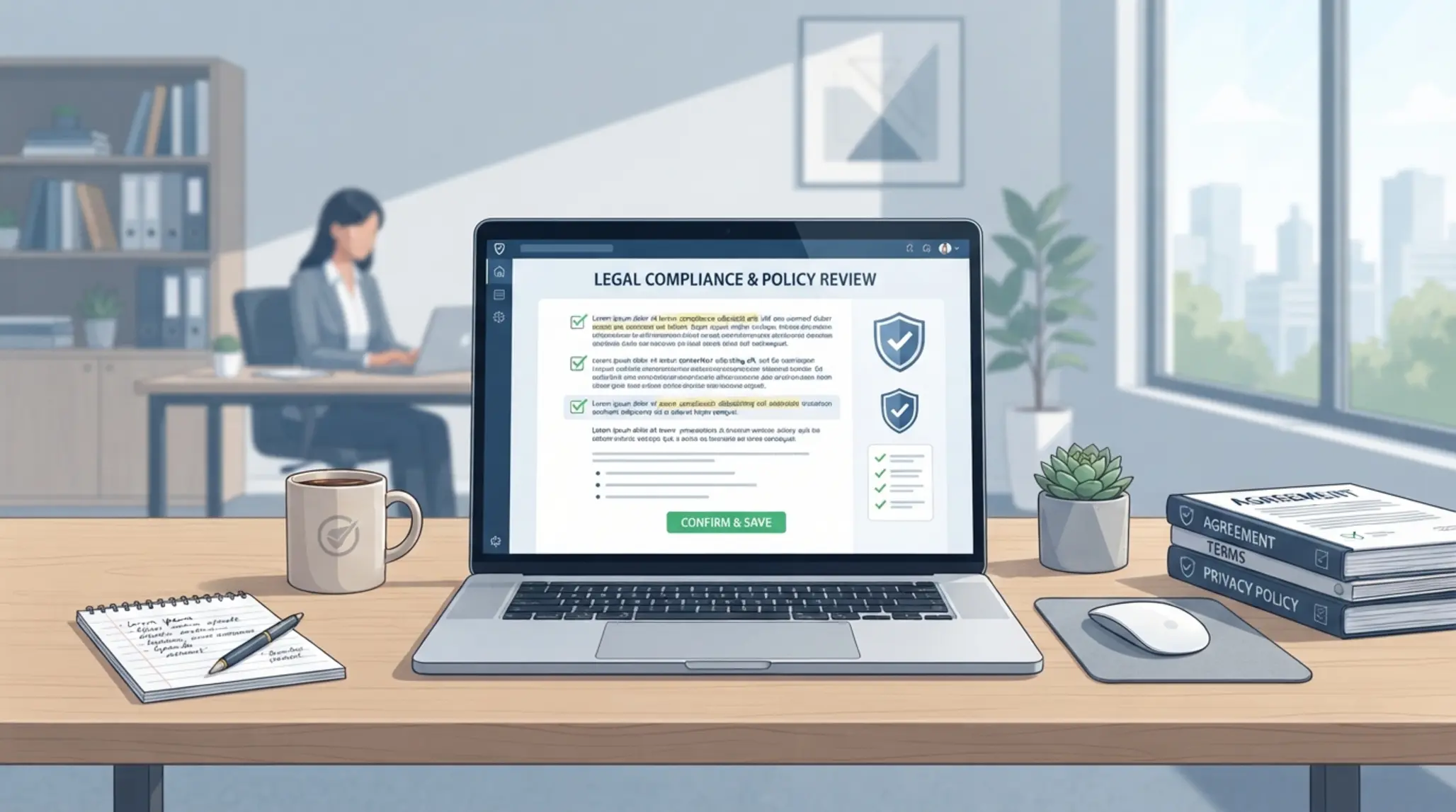 Felhasználási feltételek illusztráció Jogi dokumentumokat jelképező illusztráció online szabályzatokhoz