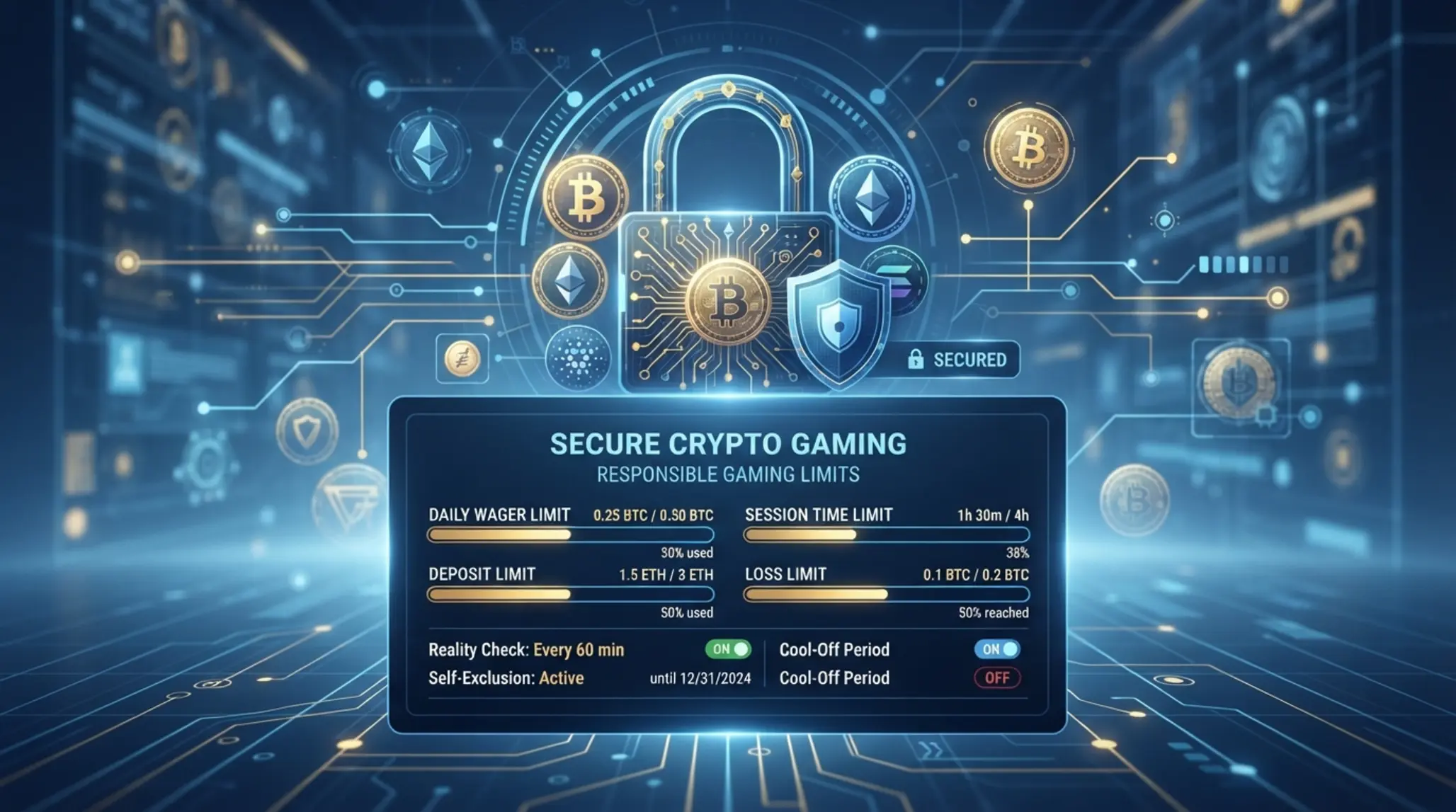 Biztonság és kontroll bitcoin kaszinóban Biztonságot és felelős játékot jelképező kriptós illusztráció