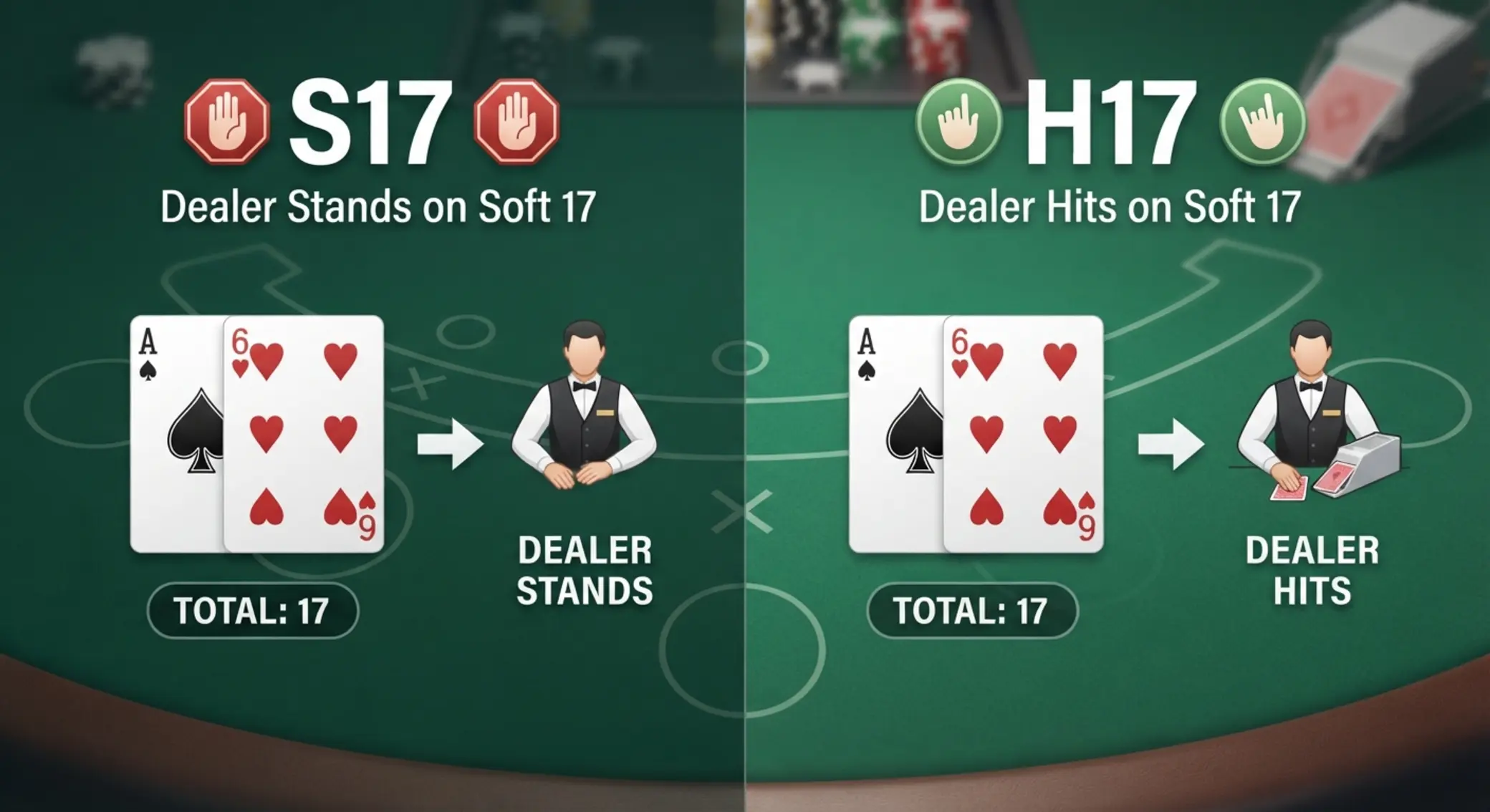 S17 vs H17 blackjack szabályok S17 és H17 osztószabályokat bemutató oktató ábra