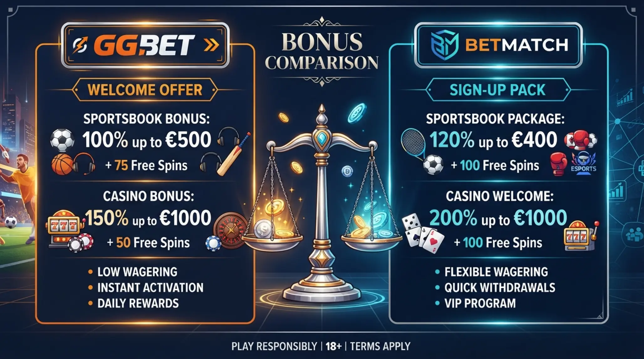 GG Bet vs Betmatch befizetés nélküli bónusz 2026 GG Bet és Betmatch bónuszösszehasonlító illusztráció