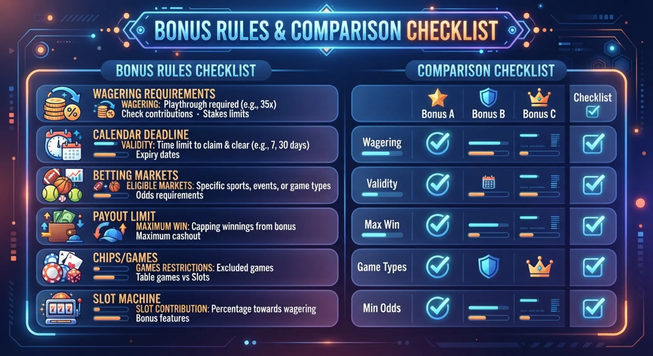 Bónusz szabályok és összehasonlítási checklist Bónusz feltételek és ellenőrzőlista infografika