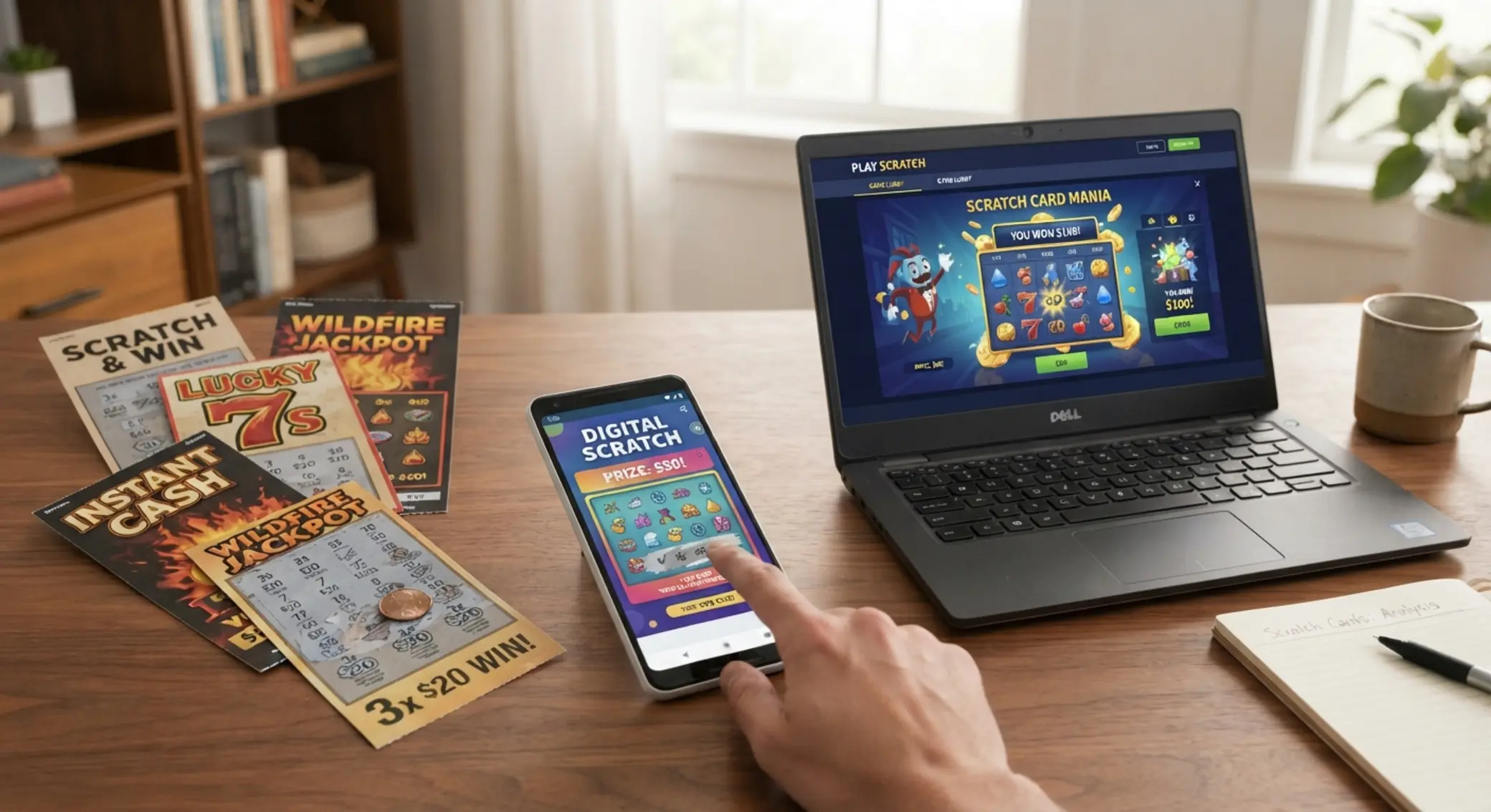Papír, e-sorsjegy és online kaparós játék egy képen