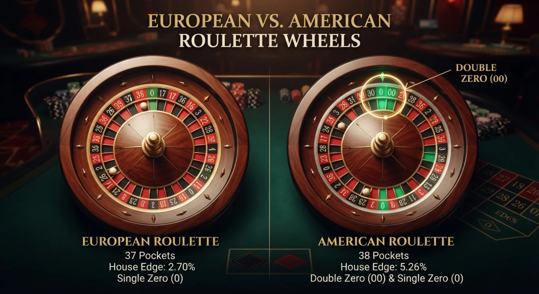 Európai és amerikai rulett összehasonlítása Európai és amerikai rulettkerék közti különbség illusztrációja