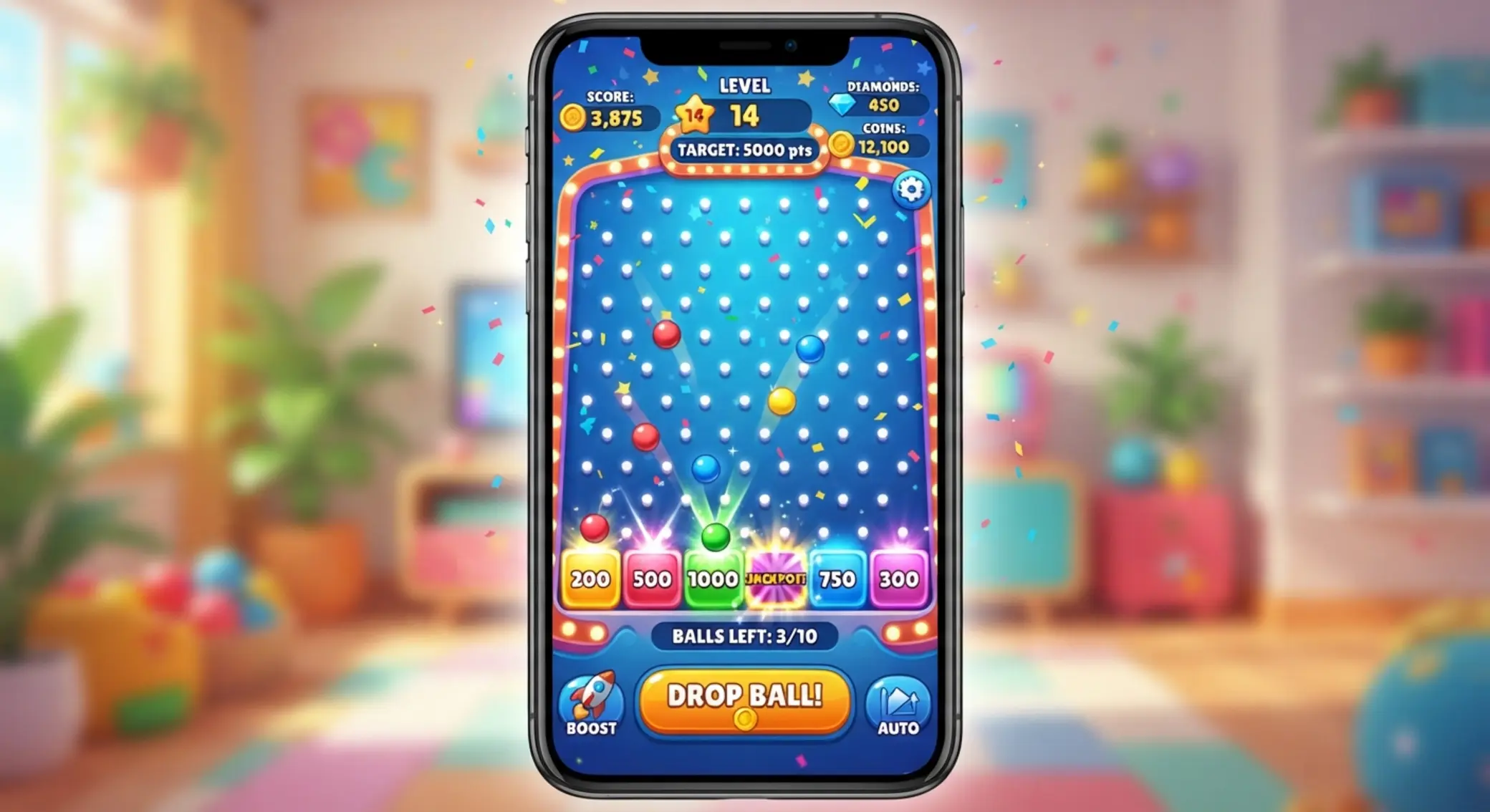 Plinko játék képernyő koncepció színes golyókkal