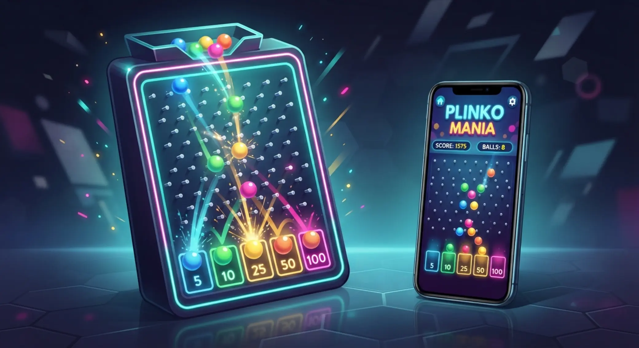 Plinko tábla lehulló golyókkal és mobiltelefon