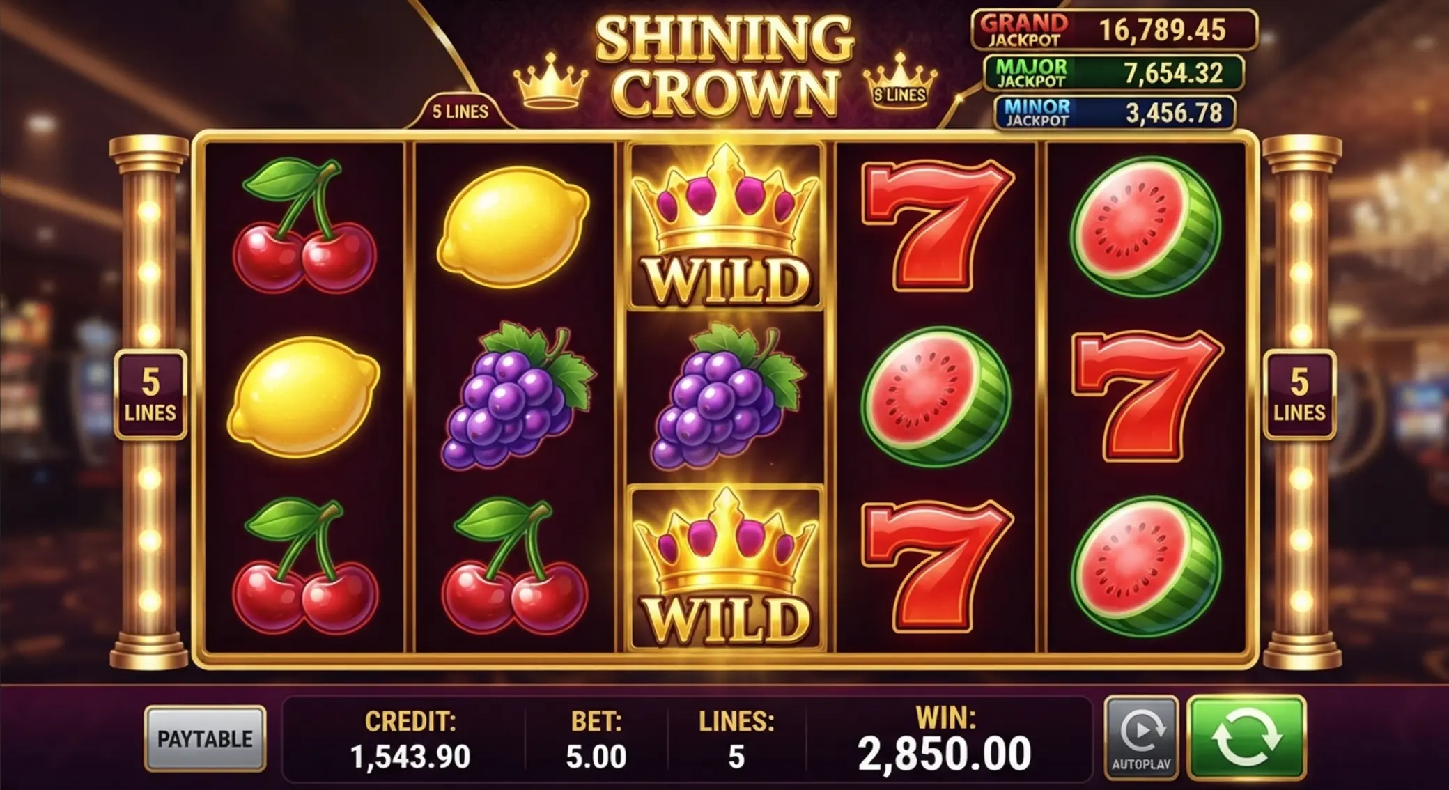 Shining Crown stílusú játékképernyő gyümölcsökkel és koronával